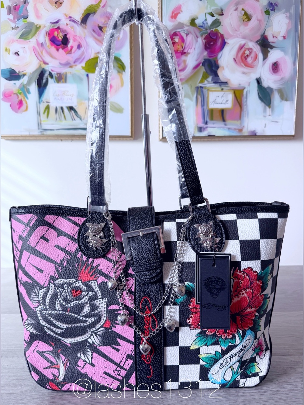 ED HARDY Bag Taika Large Tote - Black Checkerboard Roses